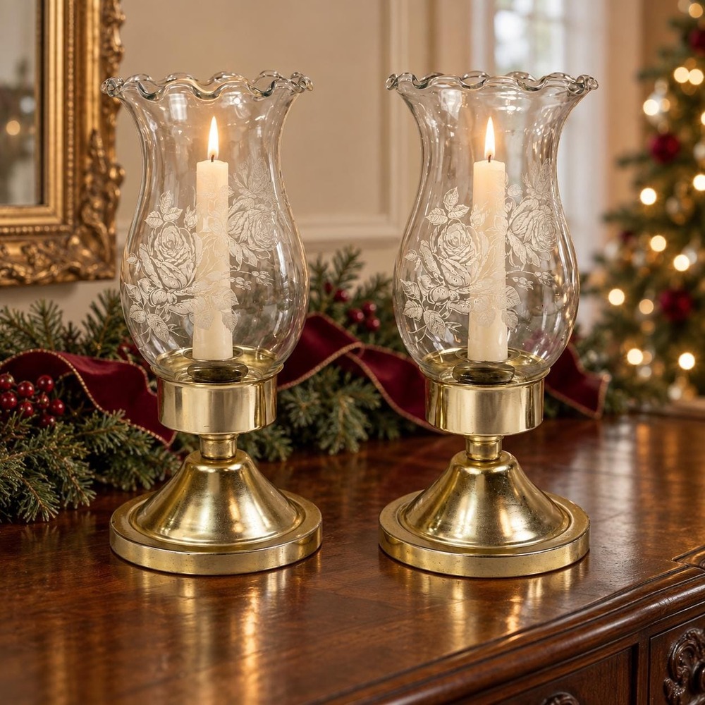 Rose Glass Hurricane Candle Holders Pair Brass Tone Pedestal Bases Ruffled Shade